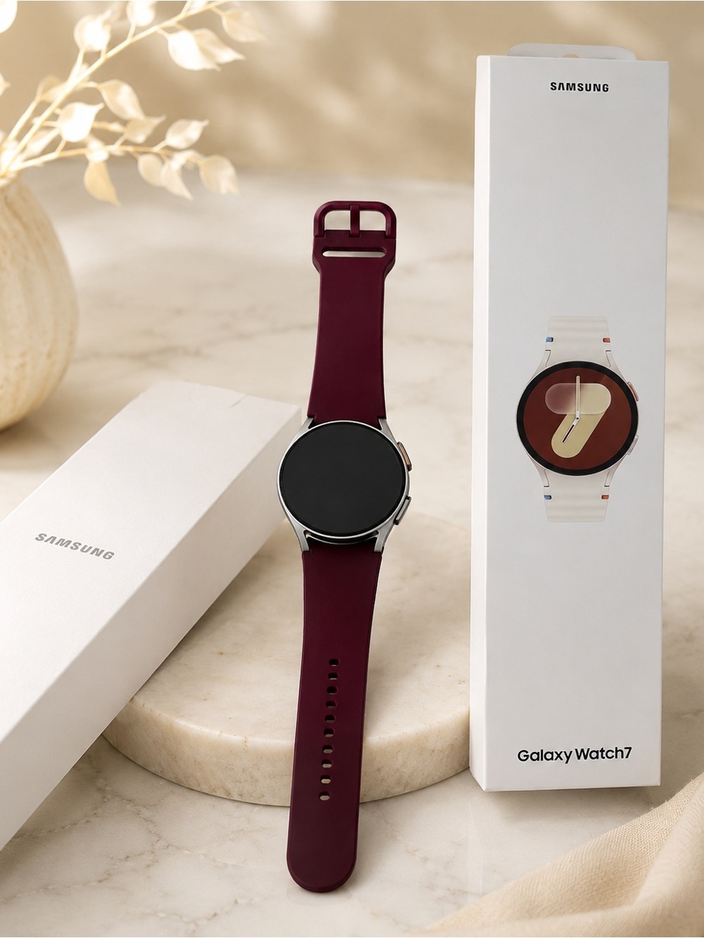 Samsung Watch with Deep Burgundy Silicone Strap and Silver Case-40mm